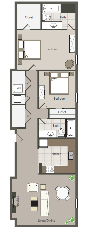 Floor plan for 2 beds, 2 baths, 1237 sqft