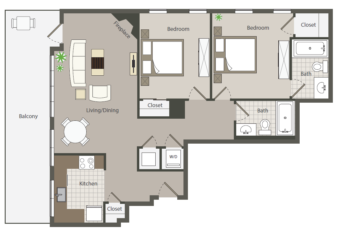 Floor plan for 2 beds, 2 baths, 908 sqft