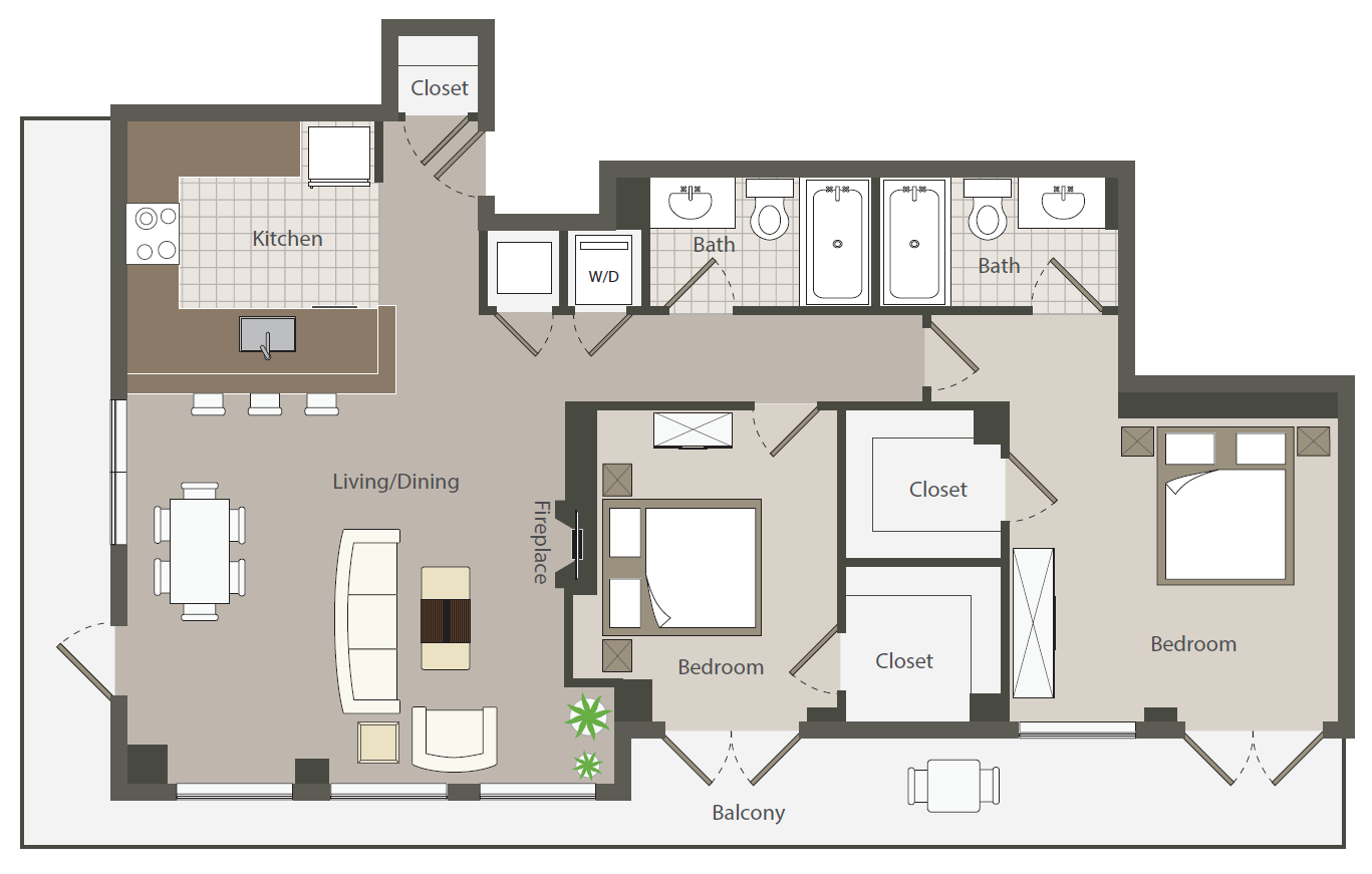 Floor plan for 2 beds, 2 baths, 1017 sqft