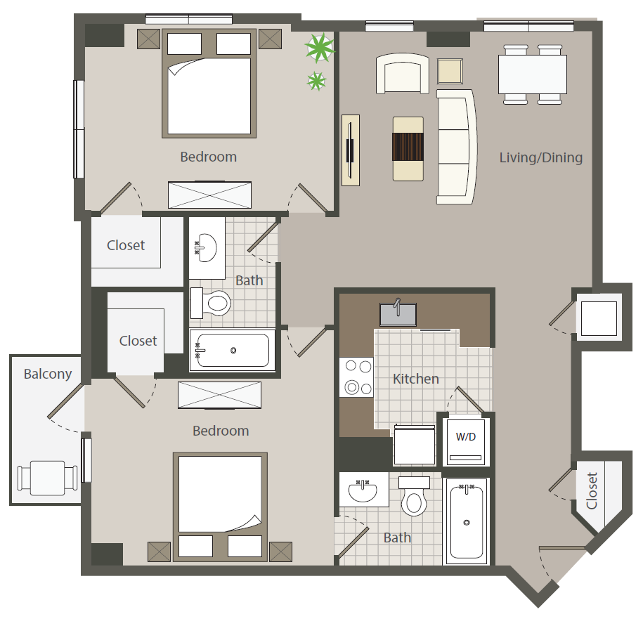 Floor plan for 2 beds, 2 baths, 986 sqft