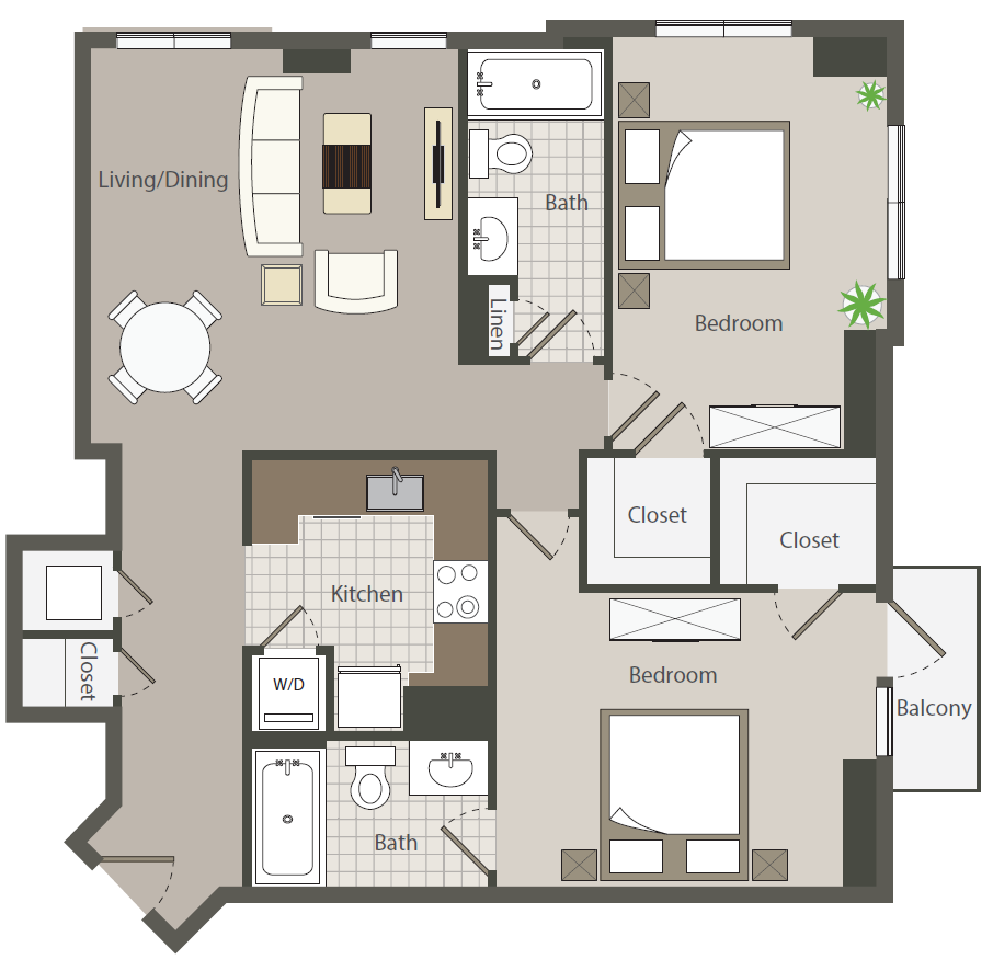 Floor plan for 2 beds, 2 baths, 982 sqft