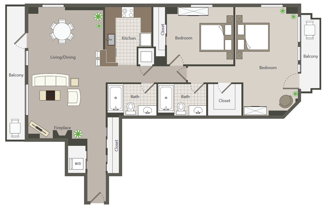 Floor plan for 2 beds, 2 baths, 1124 sqft