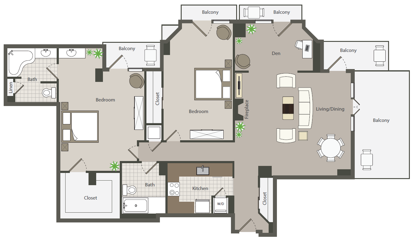 Floor plan for 2 beds, 2 baths, 1491 sqft