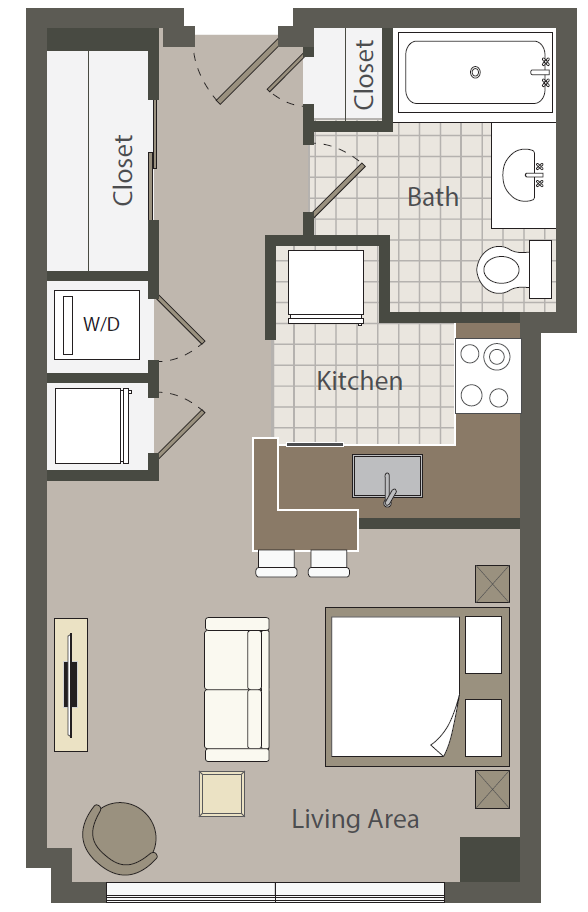 Floor plan for studio, 1 bath, 391 sqft