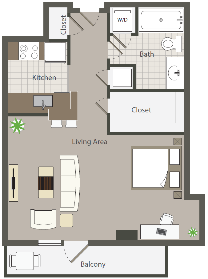 Floor plan for studio, 1 bath, 535 sqft