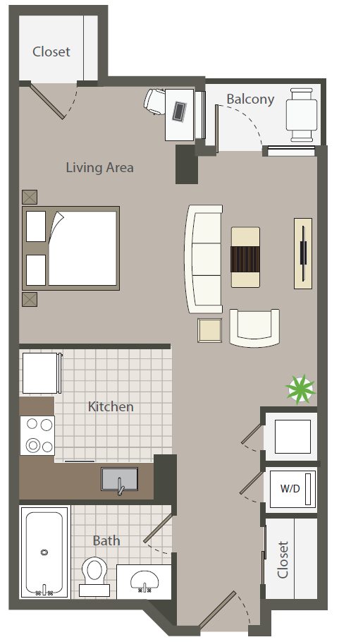 Floor plan for studio, 1 bath, 537 sqft