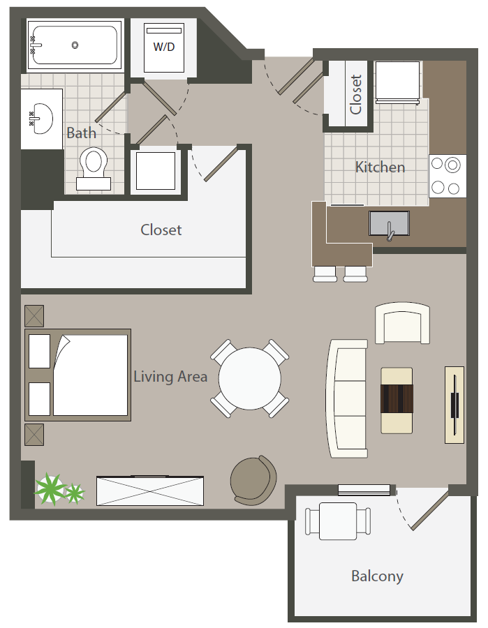 Floor plan for studio, 1 bath, 588 sqft