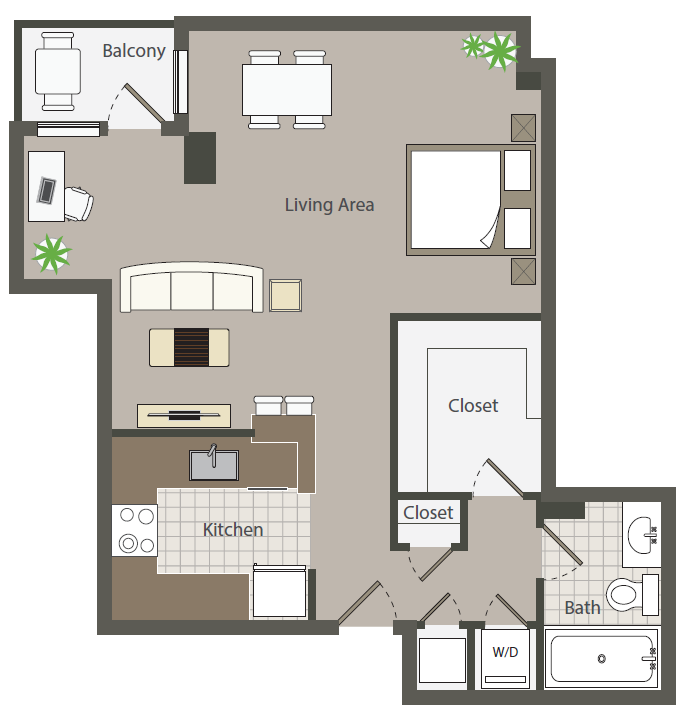 Floor plan for studio, 1 bath, 642 sqft