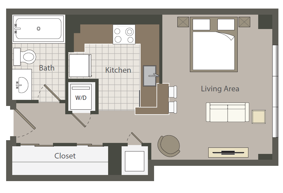 Floor plan for studio, 1 bath, 420 sqft