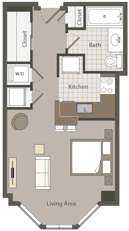 Floor plan for studio, 1 bath, 424 sqft