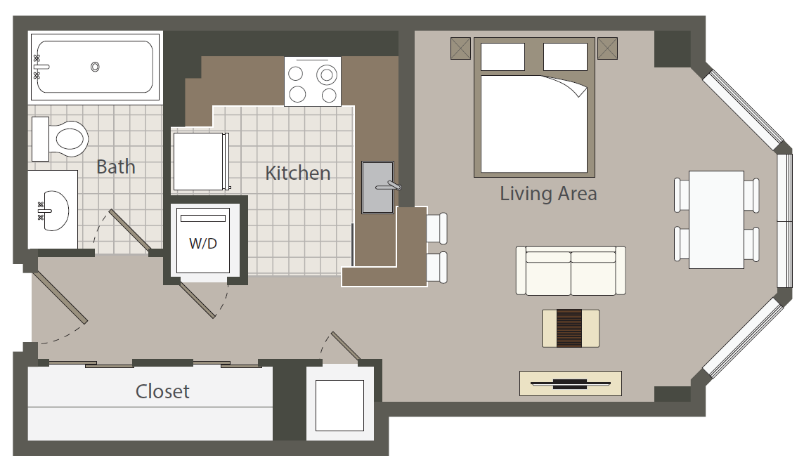 Floor plan for studio, 1 bath, 456 sqft