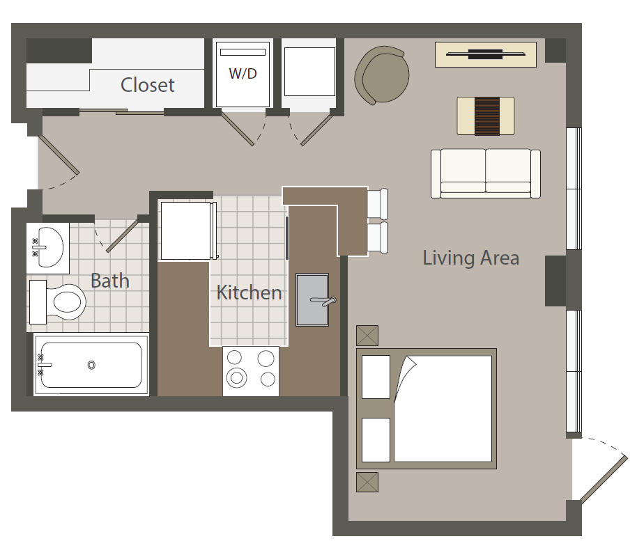 Floor plan for studio, 1 bath, 458 sqft