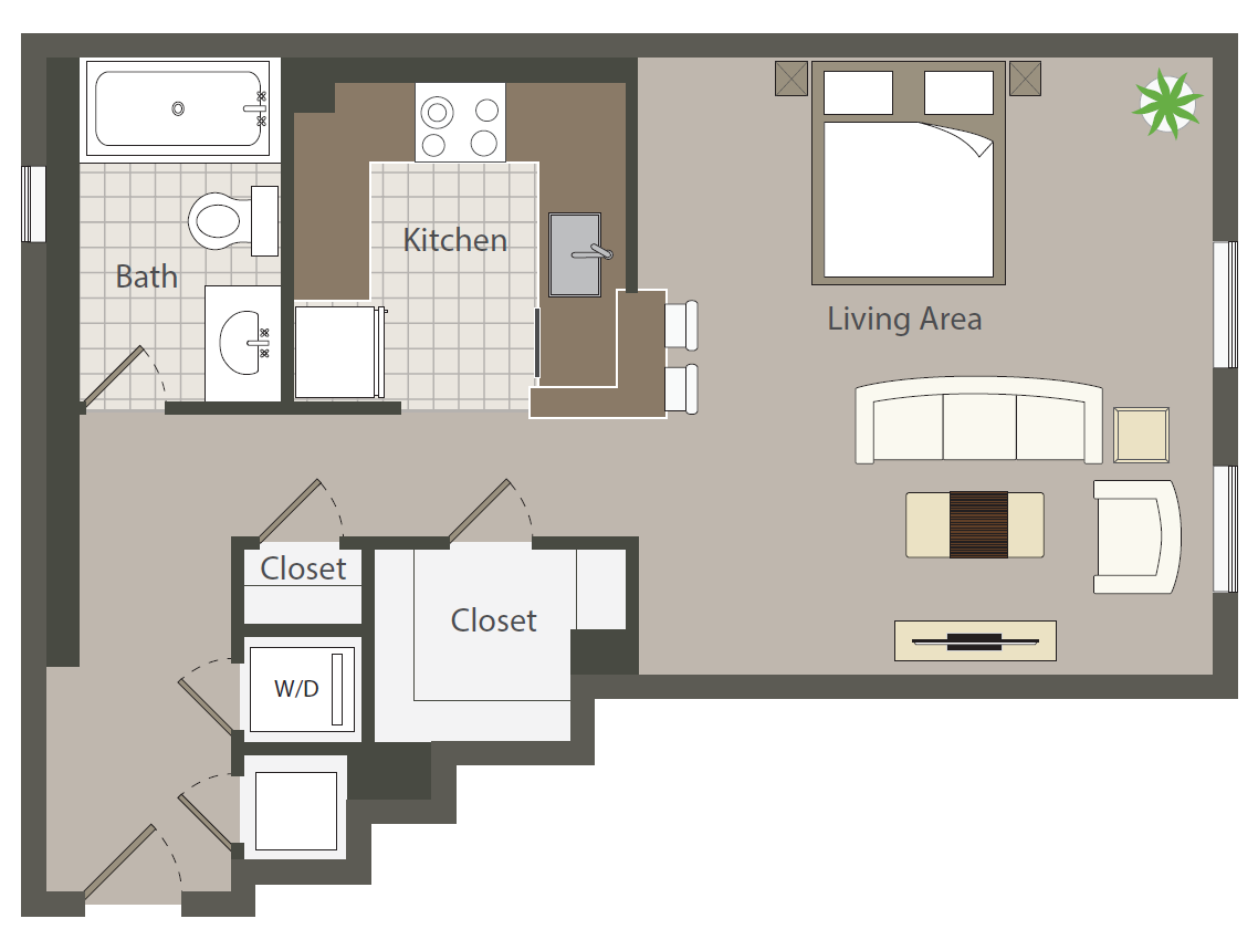 Floor plan for studio, 1 bath, 483 sqft