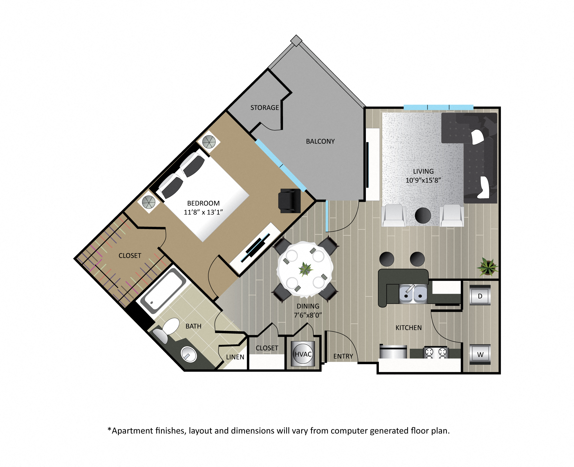 Floor plan for 1 bed, 1 bath, 848 sqft