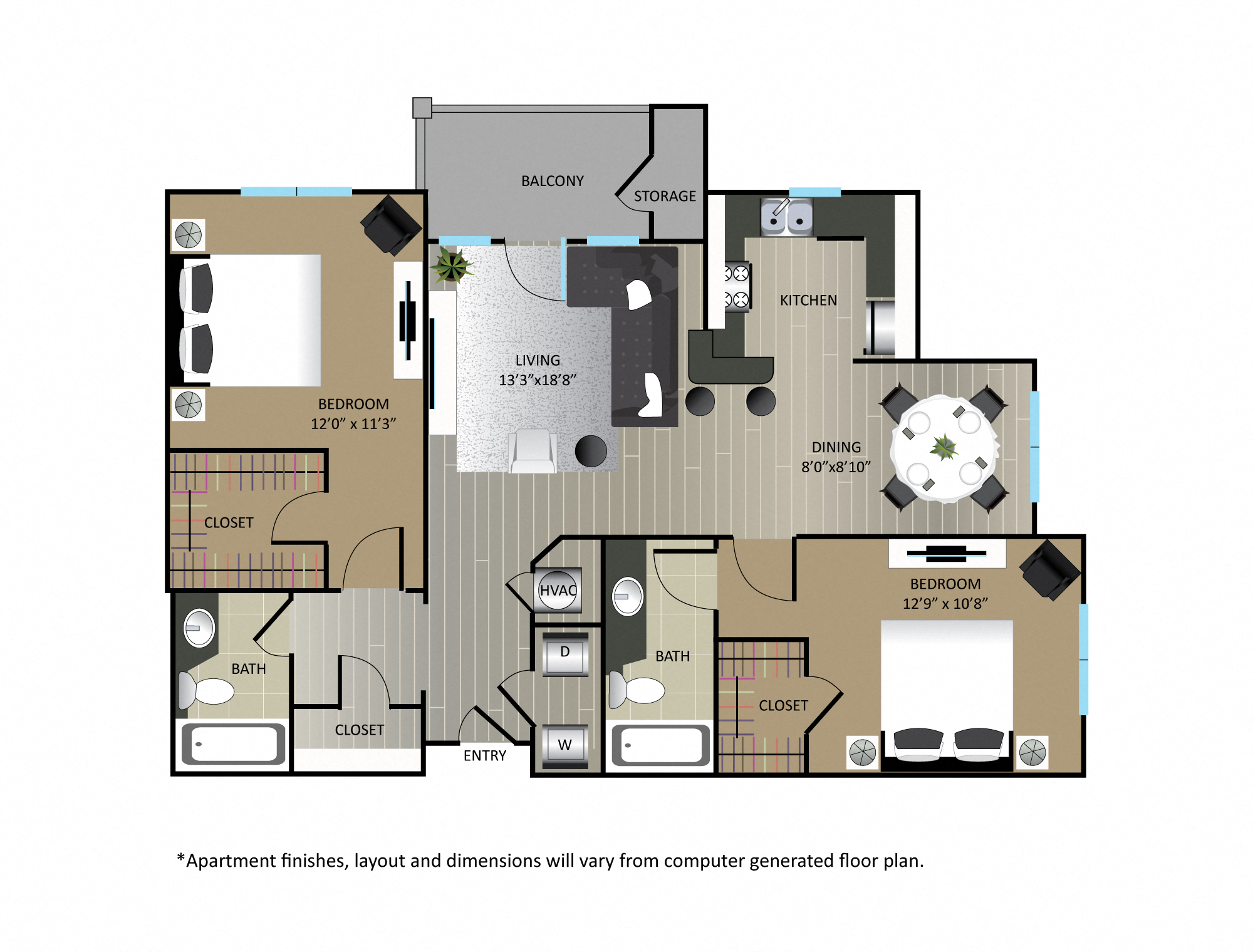Floor plan for 2 beds, 2 baths, 1179 sqft