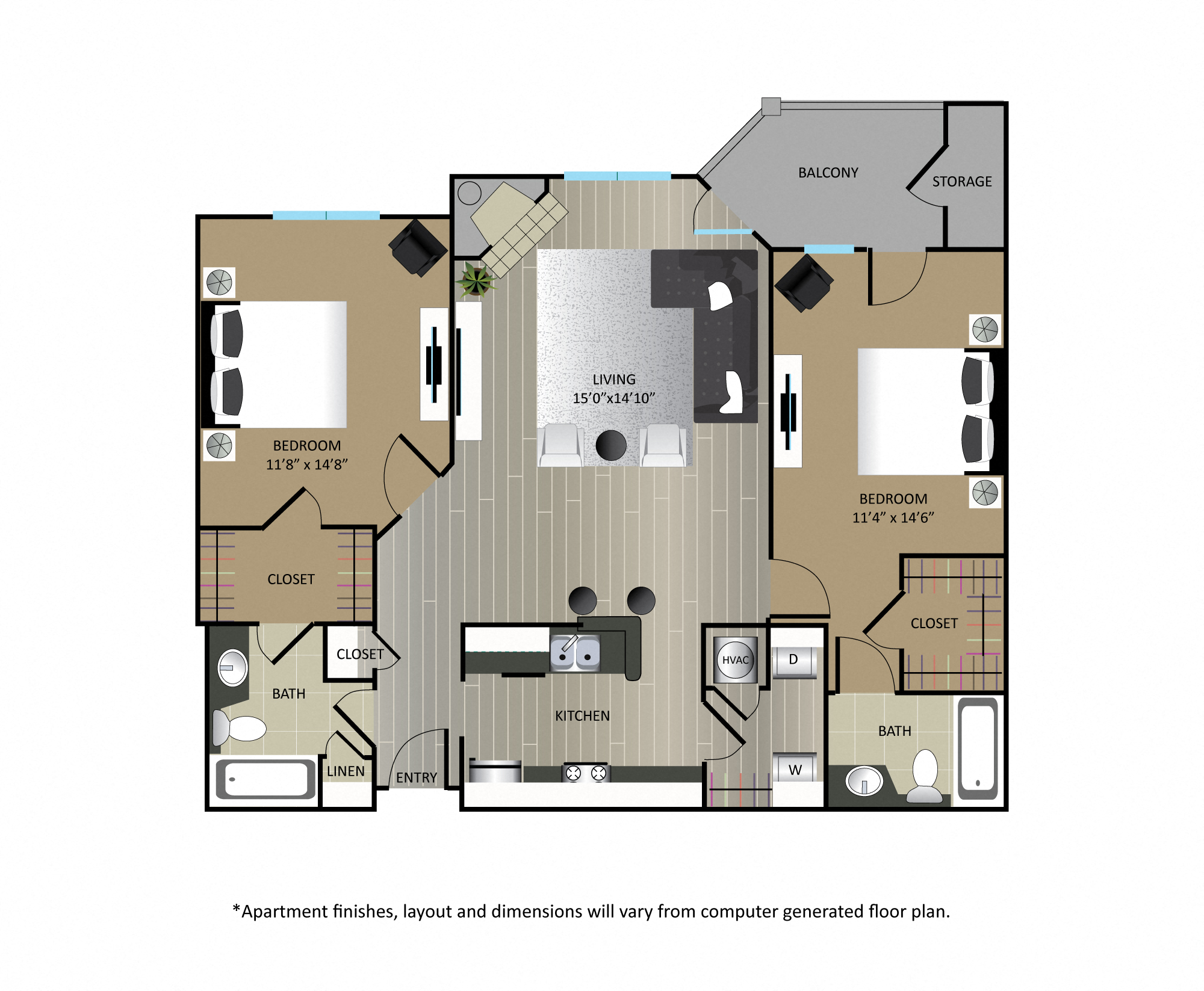 Floor plan for 2 beds, 2 baths, 1204 sqft