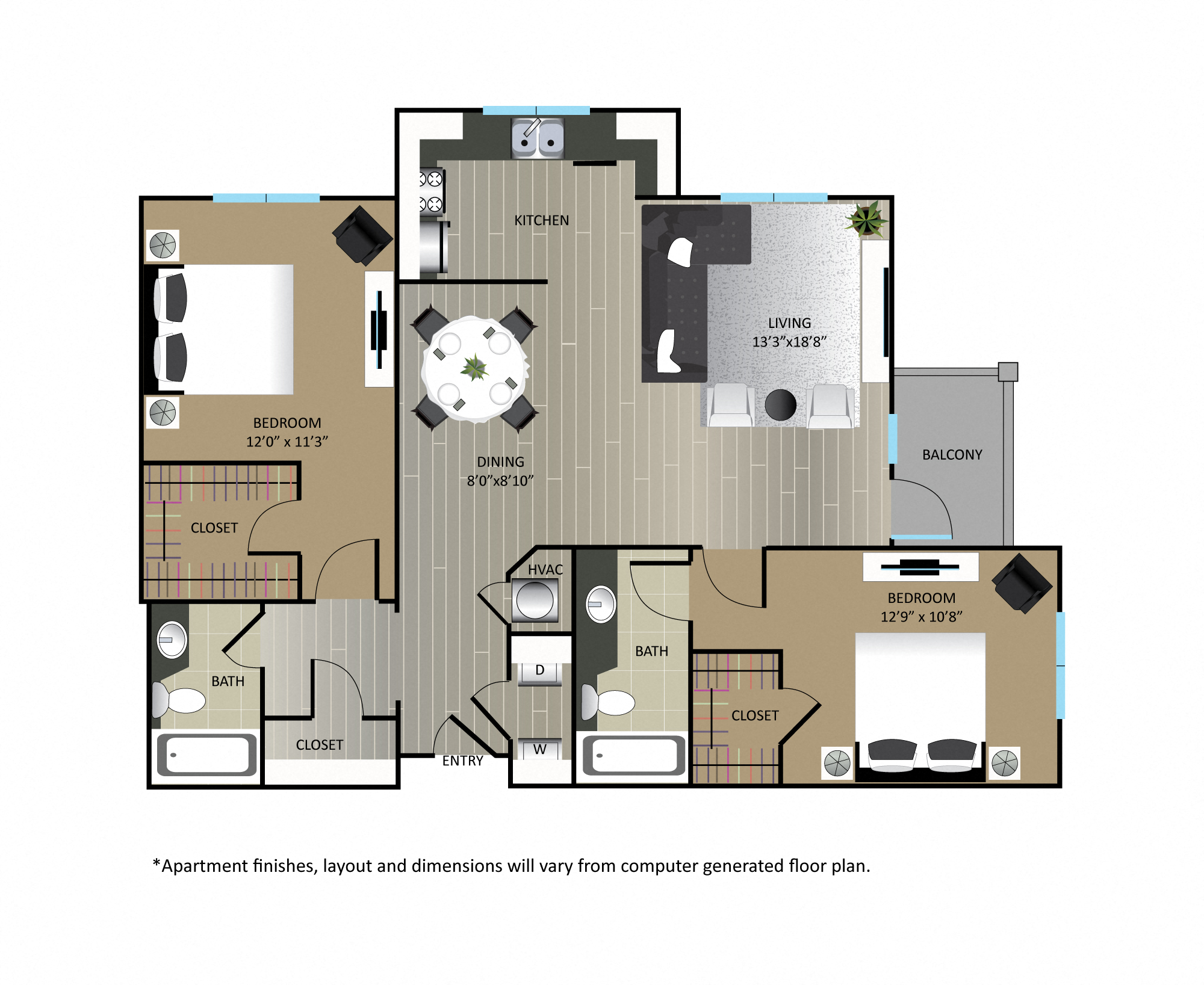 Floor plan for 2 beds, 2 baths, 1181 sqft