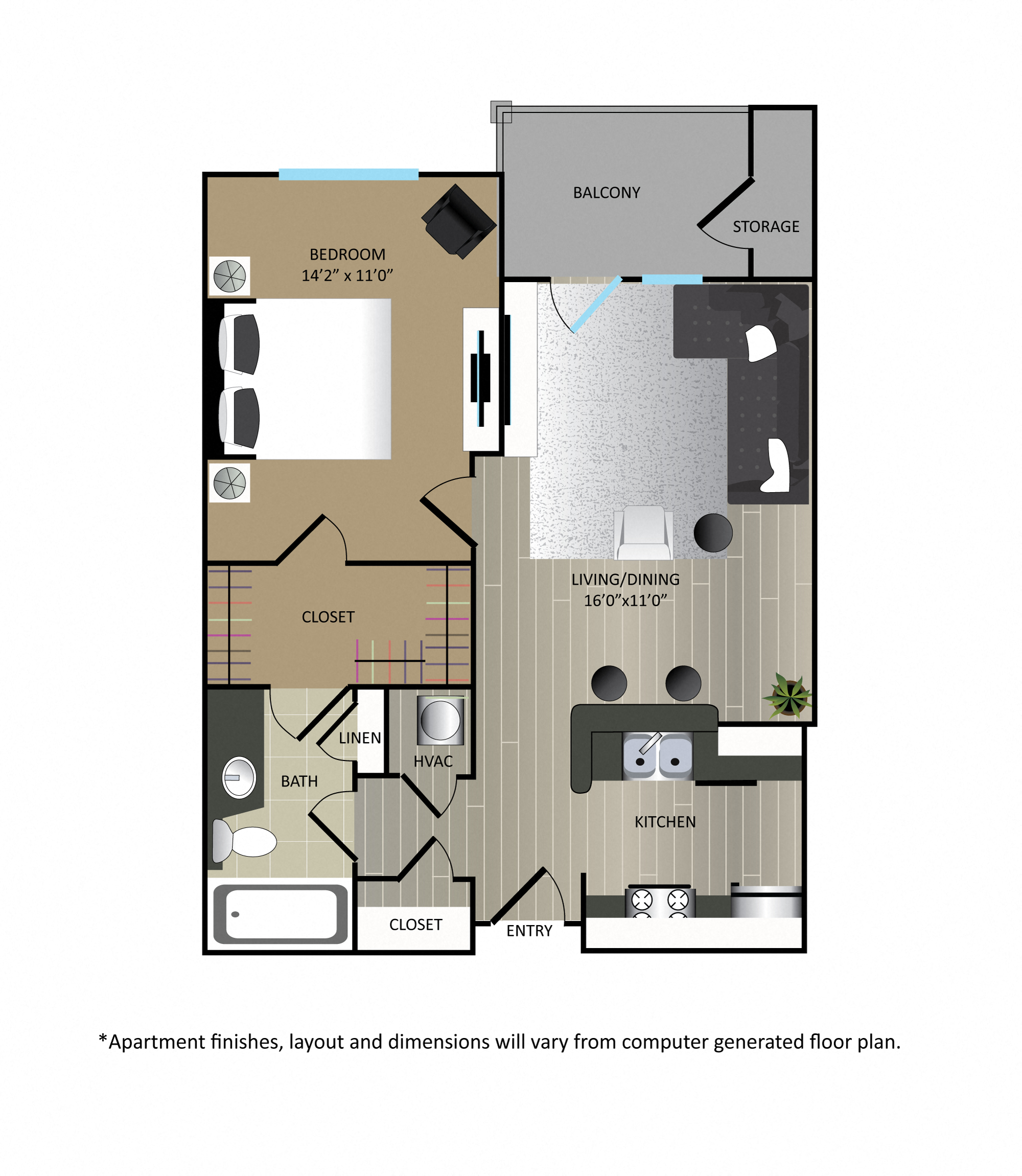 Floor plan for 1 bed, 1 bath, 681 sqft
