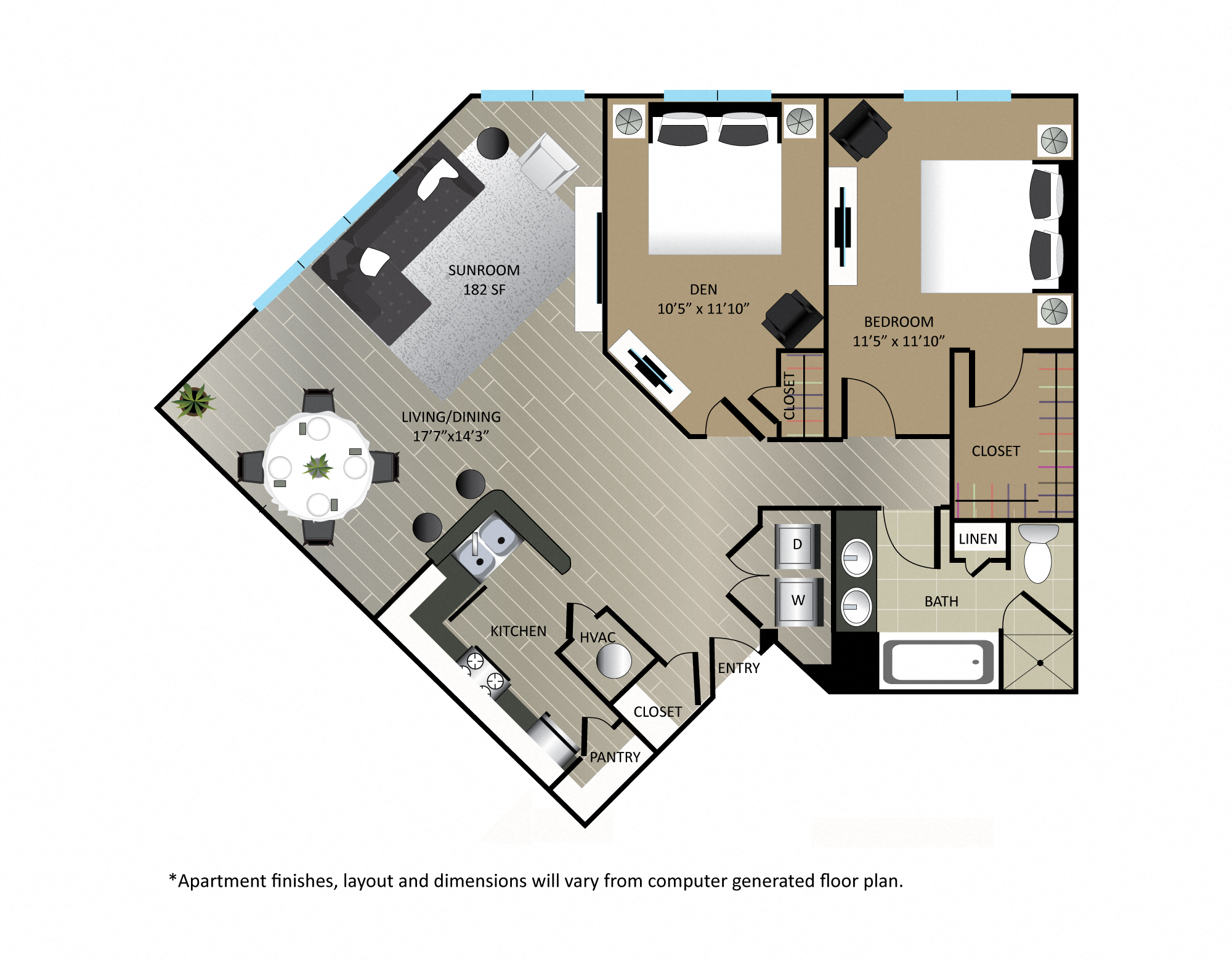 Floor plan for 1 bed, 1 bath, 1109 sqft