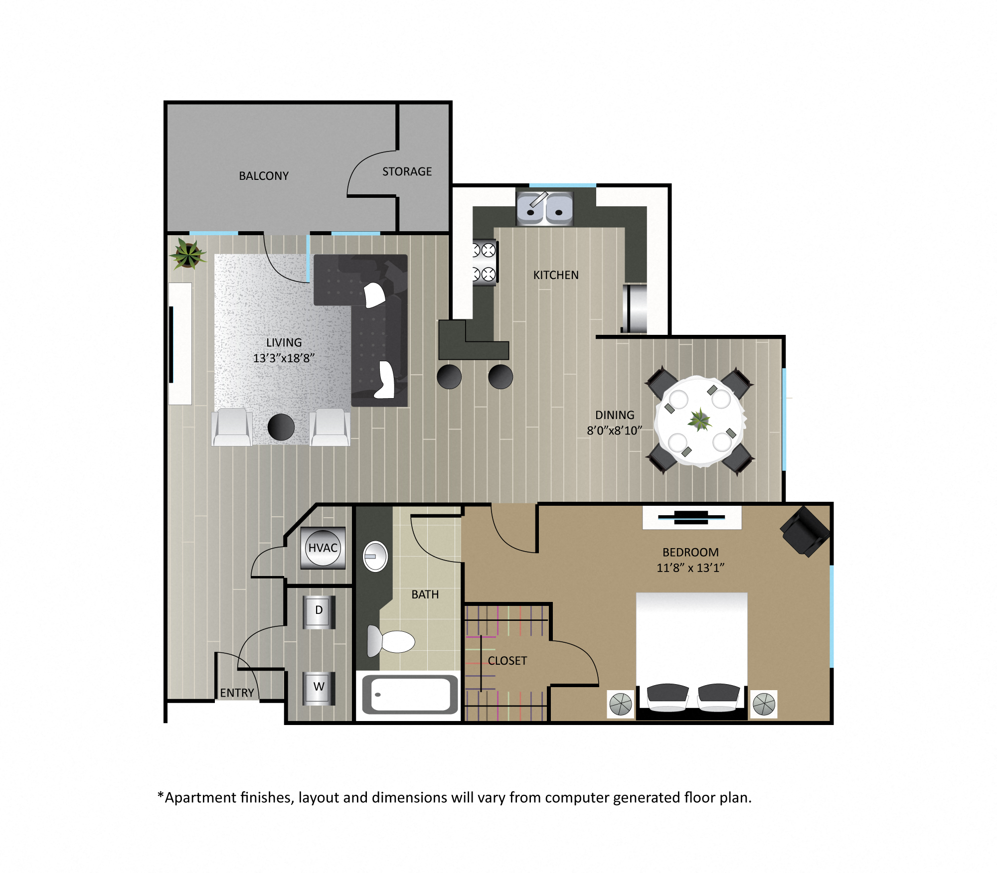 Floor plan for 1 bed, 1 bath, 843 sqft