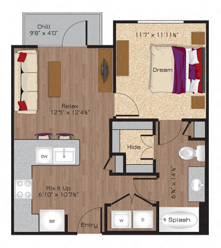 Floor plan for 1 bed, 1 bath, 586 sqft