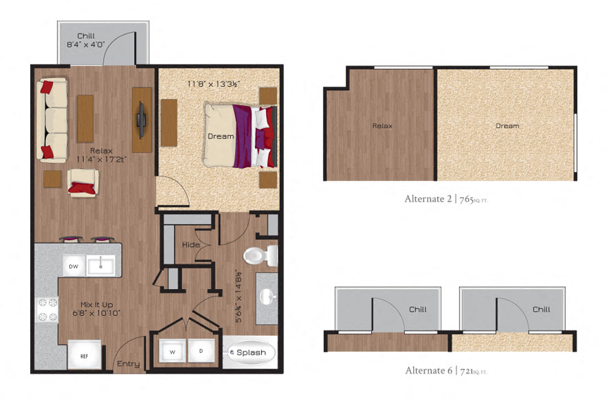 Floor plan for 1 bed, 1 bath, 724 sqft