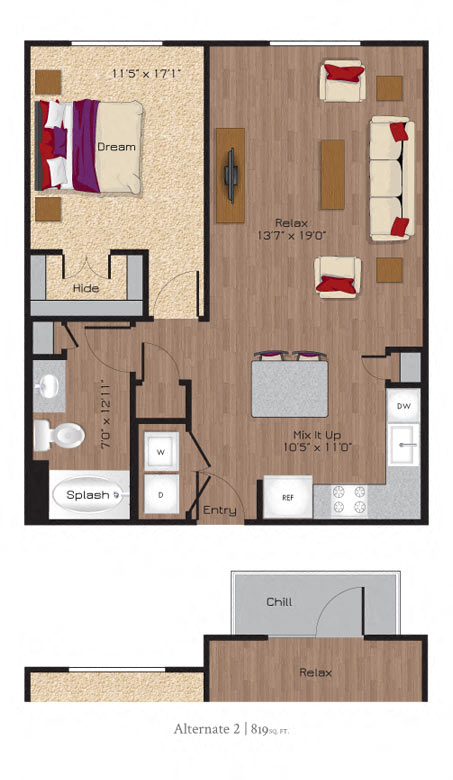 Floor plan for 1 bed, 1 bath, 750 sqft