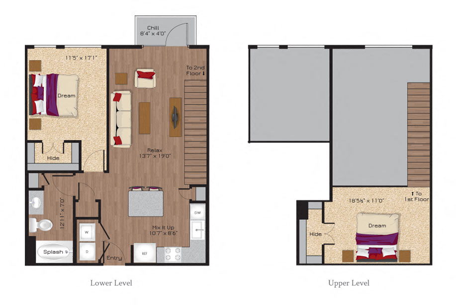 Floor plan for 1 bed, 1 bath, 942 sqft