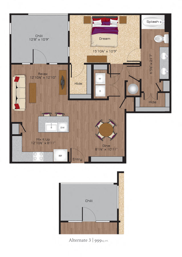 Floor plan for 1 bed, 1 bath, 895 sqft