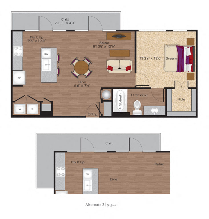 Floor plan for 1 bed, 1 bath, 770 sqft