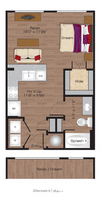 Floor plan for studio, 1 bath, 540 sqft
