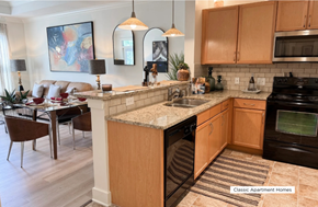 Atlanta apartment for rent - A kitchen with wooden cabinets and a granite countertop.