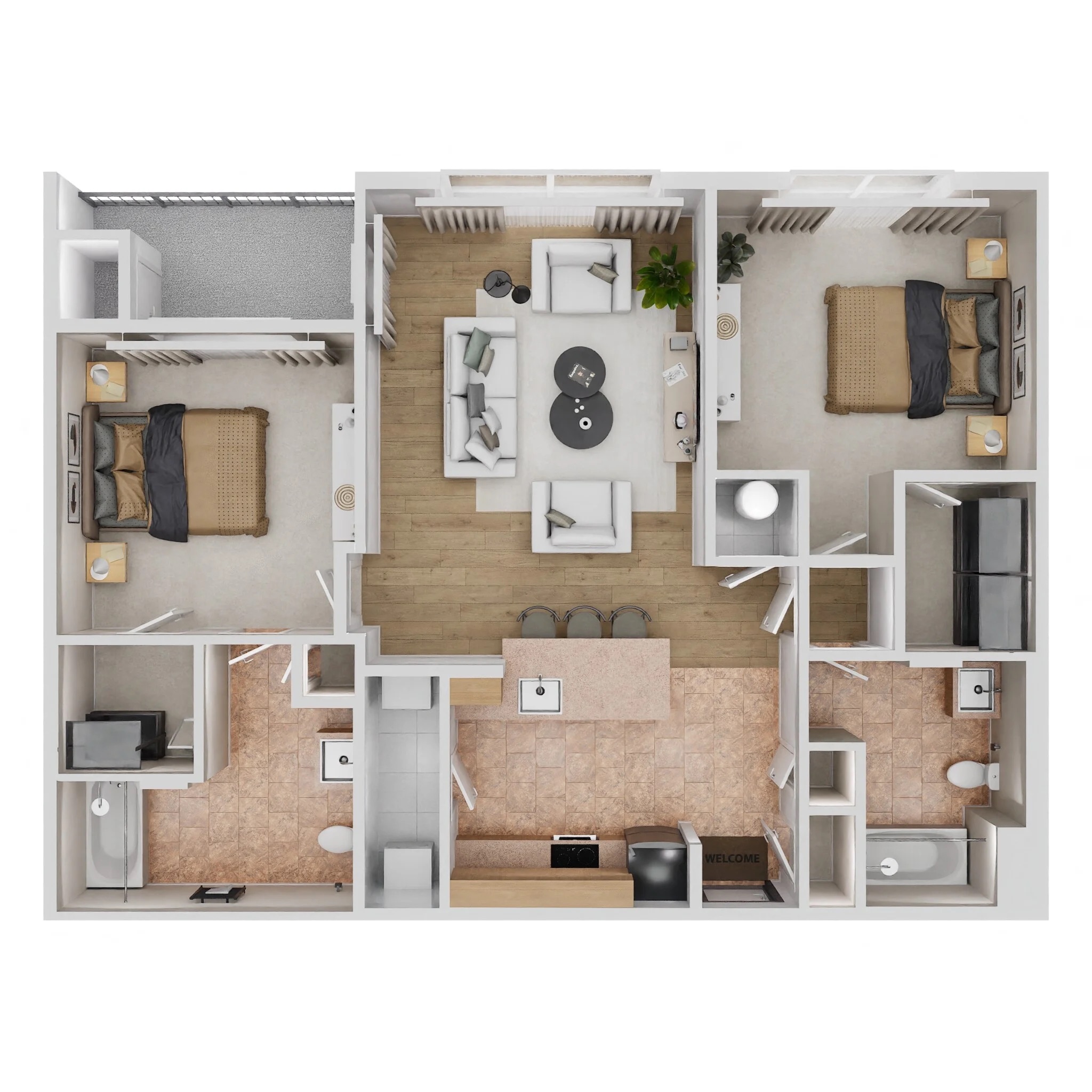 Floor plan for 2 beds, 2 baths, 1113 sqft