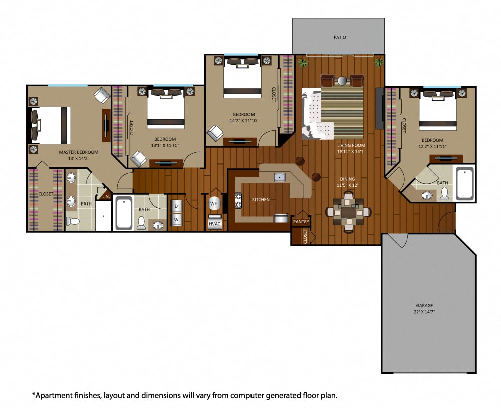 Floor plan for 4 beds, 3 baths, 1985 sqft