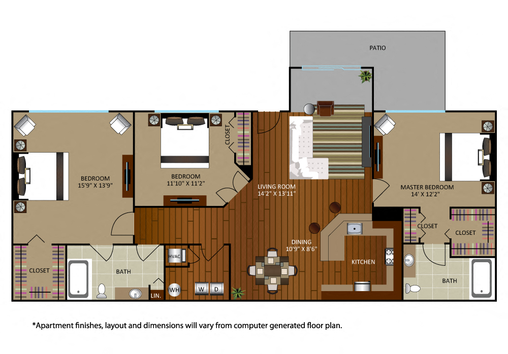 Floor plan for 3 beds, 2 baths, 1502 sqft