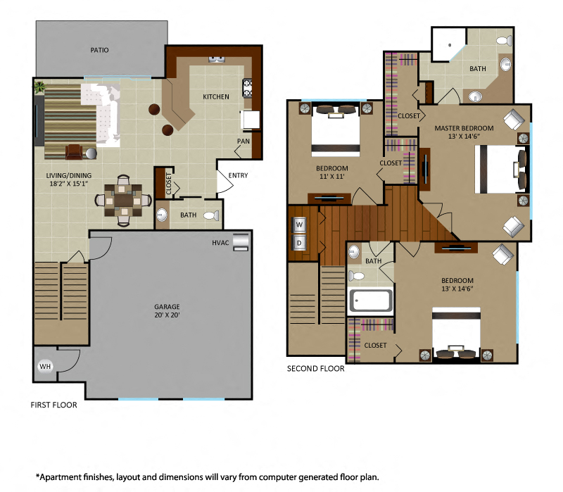 Floor plan for 3 beds, 2.5 baths, 1583 sqft