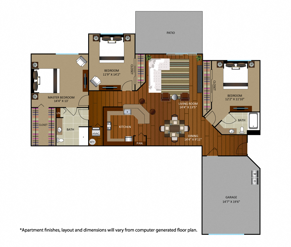 Floor plan for 3 beds, 2 baths, 1508 sqft