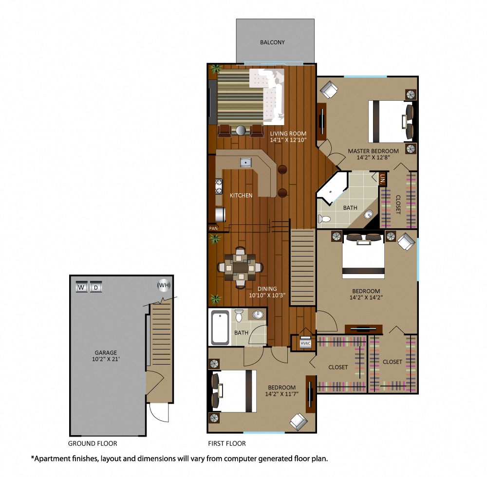 Floor plan for 3 beds, 2 baths, 1513 sqft
