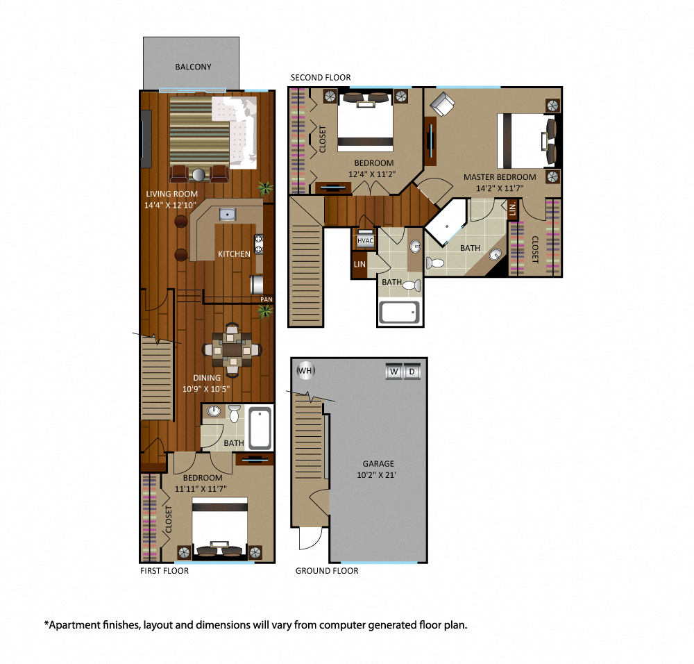 Floor plan for 3 beds, 3 baths, 1512 sqft