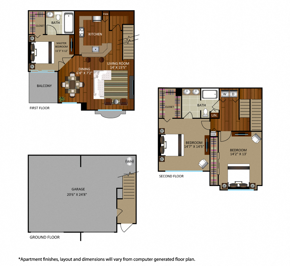 Floor plan for 3 beds, 2 baths, 1530 sqft