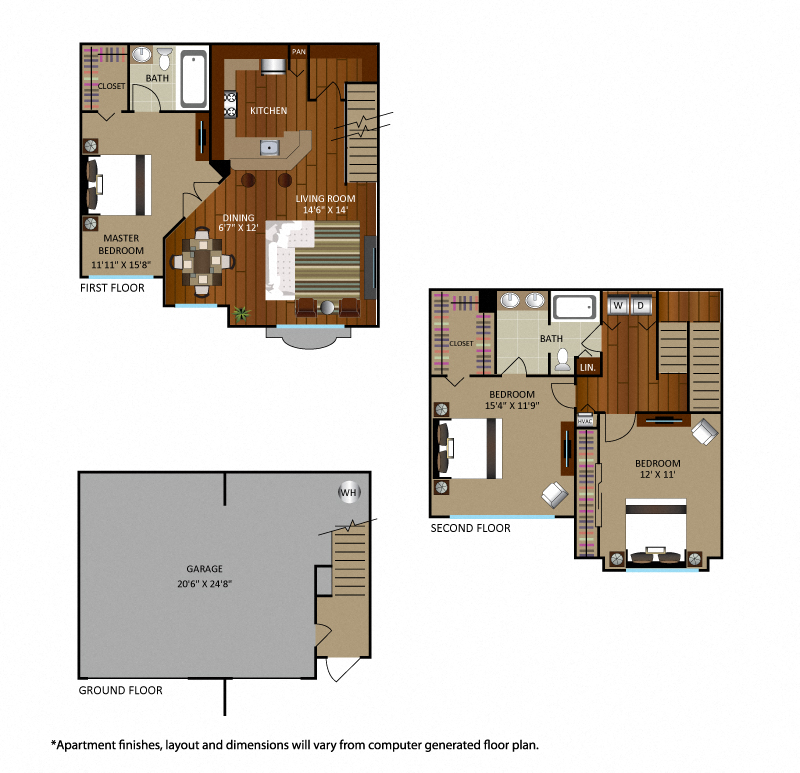 Floor plan for 3 beds, 2 baths, 1554 sqft