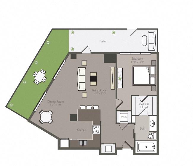 Floor plan for 1 bed, 1 bath, 884 sqft