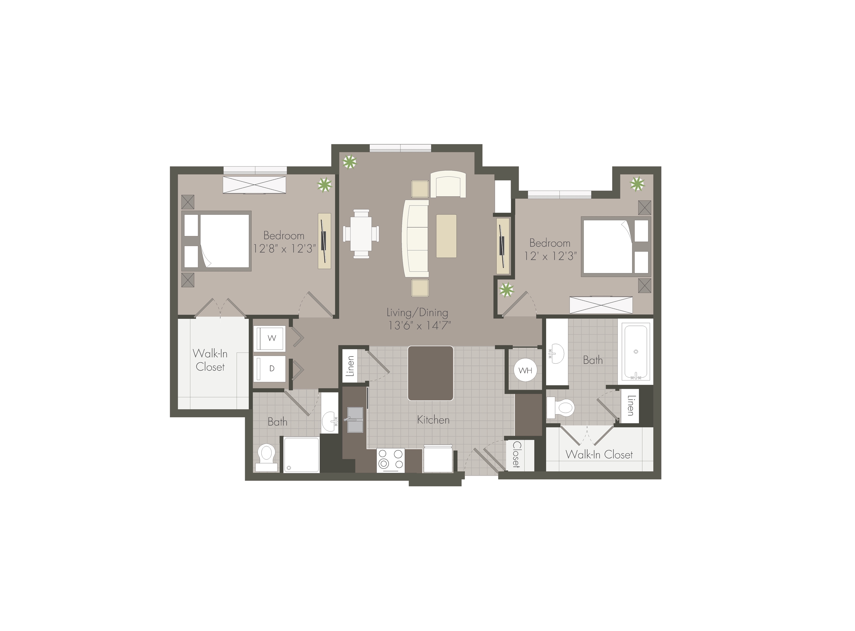 Floor plan for 2 beds, 2 baths, 1092 sqft