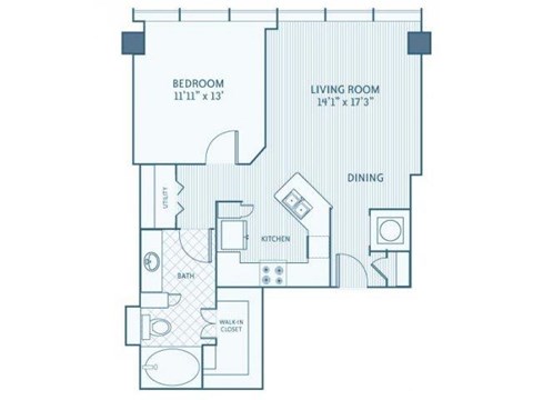 Floor plan for 1 bed, 1 bath, 804 sqft
