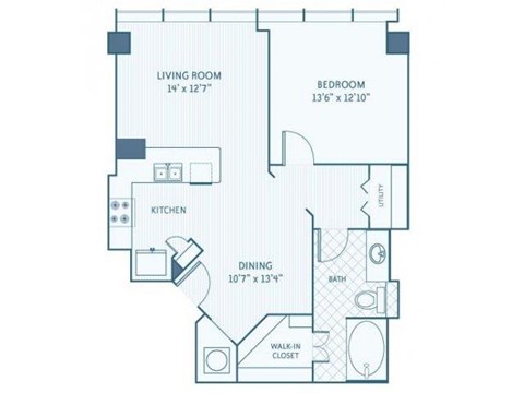 Floor plan for 1 bed, 1 bath, 906 sqft