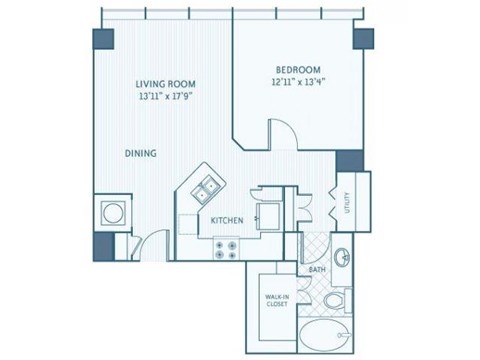 Floor plan for 1 bed, 1 bath, 825 sqft
