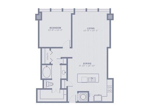 Floor plan for 1 bed, 1 bath, 957 sqft