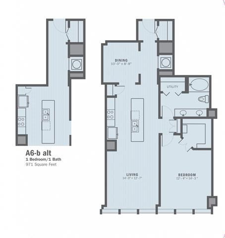 Floor plan for 1 bed, 1 bath, 971 sqft