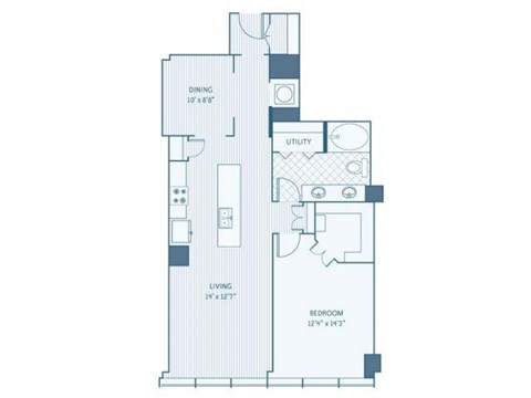 Floor plan for 1 bed, 1 bath, 1051 sqft