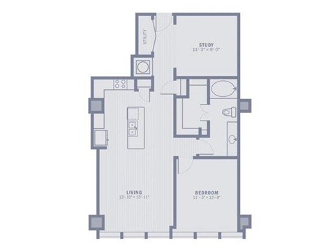 Floor plan for 1 bed, 1 bath, 996 sqft